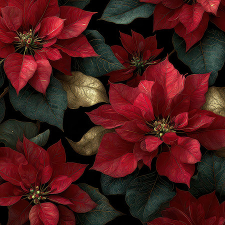 A stunning pattern featuring vibrant red poinsettia flowers complemented by dark green leaves, perfect for seasonal decor, holiday themes, or floral designs.の素材