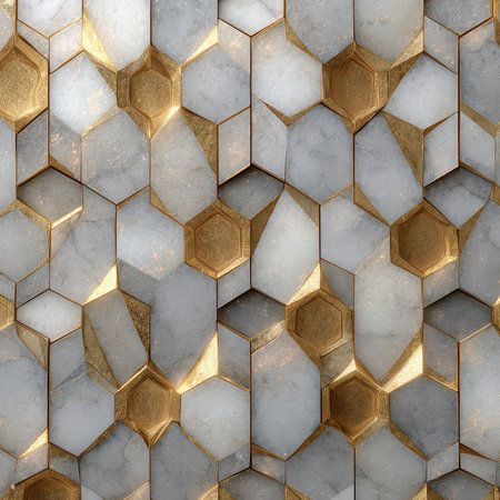 This stylish hexagon mosaic tile pattern features a blend of gold and marble elements, perfect for modern decor and interior design projects, enhancing any space.の素材