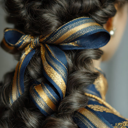 A close-up image showcasing an elegant hairstyle adorned with a blue and gold ribbon. The intricate curls and textures enhance the overall beauty, perfect for fashion inspiration.の素材