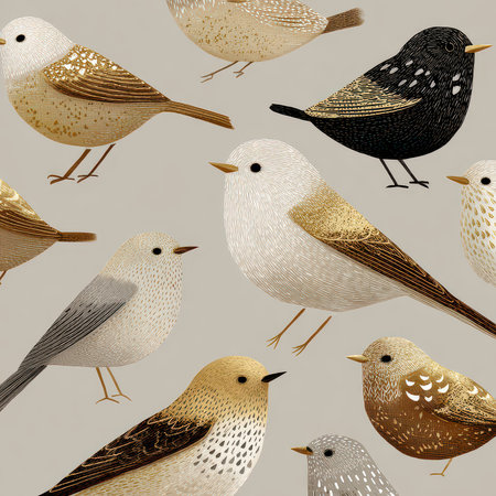 A delightful illustration featuring various colorful birds on a soft neutral background. Perfect for nature lovers and art enthusiasts seeking a whimsical touch.の素材