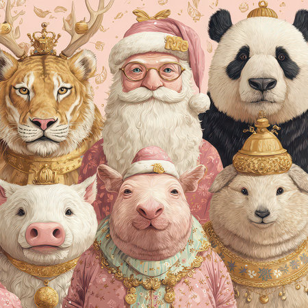 A whimsical and colorful illustration featuring animals in festive costumes, including a panda dressed as Santa and a majestic tiger, perfect for holiday cheer.の素材