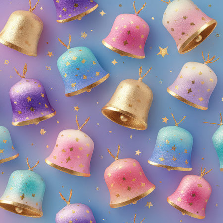 A vibrant arrangement of colorful bells and stars creates a festive atmosphere perfect for holiday celebrations, decorations, and joyful moments.の素材