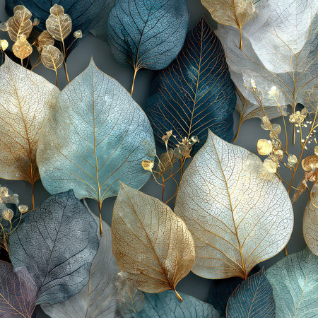 A collection of delicate autumn leaves in soft tones of blue and gold. Perfect for backgrounds, decor, or botanical art, showcasing elegant textures and natural beauty.の素材