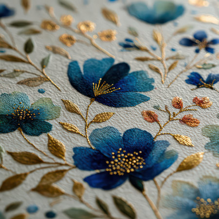 This stunning floral embroidery showcases blue flowers embellished with gold accents, perfect for adding elegance and charm to any project or collection.の素材