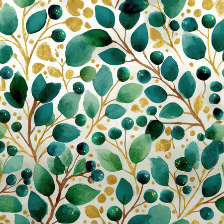 Explore a beautiful watercolor botanical pattern featuring lush leaves and gold accents, ideal for design projects, decor, and stationery items.の素材