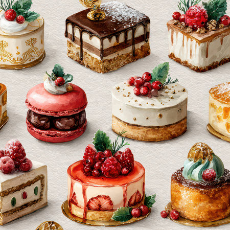 Enjoy a vibrant collection of beautifully designed desserts, featuring intricate decorations and delicious flavors, perfect for celebrations and special occasions.の素材