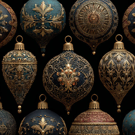 Discover a collection of ornate vintage Christmas ornaments featuring intricate designs, rich colors, and elegant details perfect for festive decor and holiday celebrations.の素材