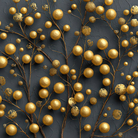 A stunning arrangement of golden floral elements set against a dark background, perfect for modern decor projects, ads, or elegant designs.の素材