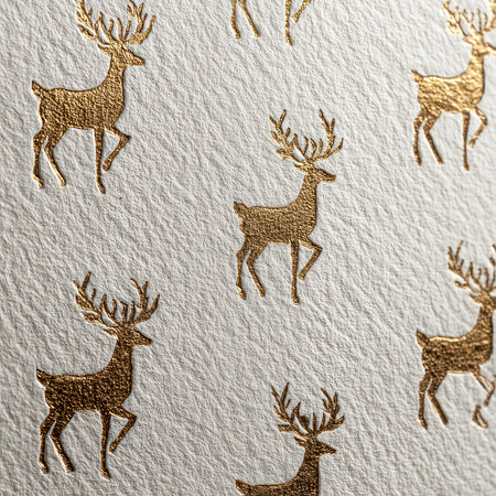Stunning gold foil deer patterns gracefully repeat on a textured white background, perfect for holiday decorations, gift wrapping, or artistic projects.の素材