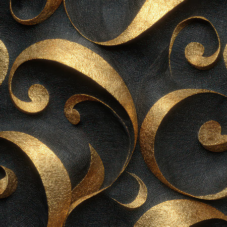 This stock photo features a stunning gold and black swirl design on textured fabric, perfect for projects needing a touch of elegance and sophistication.の素材