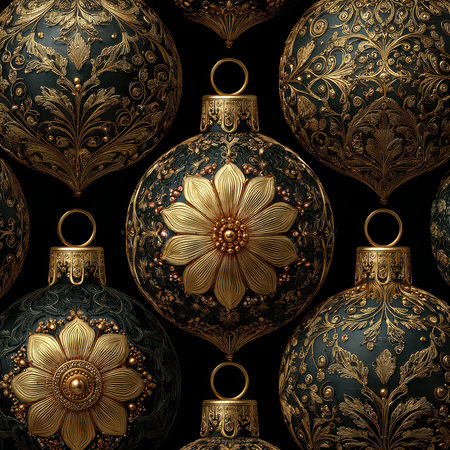 A captivating arrangement of decorative ornaments showcasing intricate floral and geometric patterns featuring rich colors and elegant textures perfect for seasonal design.の素材