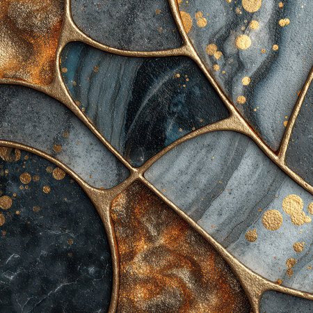 This image features an elegant abstract surface with marble textures, enhanced by shimmering gold accents. Ideal for modern design and luxury themes.の素材