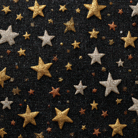 Discover a stunning background featuring shimmering stars in gold and silver on a textured black canvas, perfect for various creative projects and celebrations.の素材