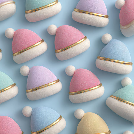 Charming pastel toy caps with fluffy pom poms arranged on a soft blue background. Ideal for creative projects, nursery decor, and playful aesthetics.の素材