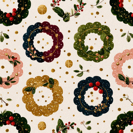 Vibrant holiday pattern featuring decorative shapes with berries and leaves. Ideal for seasonal crafts, wrapping paper, and festive designs. Perfect for celebration themes.の素材