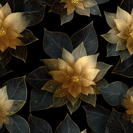 Stunning golden flower pattern set against a black background creates a luxurious and elegant visual. Perfect for various creative design projects.の素材