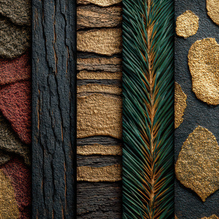 A captivating collection of textured surfaces showcasing wood, stone, and leaf elements. Ideal for design projects, nature themes, and artistic expressions.の素材
