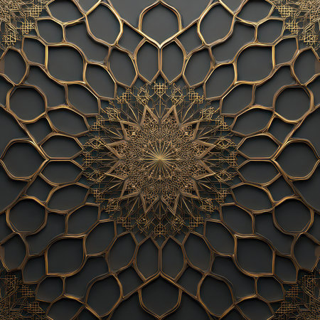 This intricate geometric design features golden elements set against a dark background, showcasing elegance and sophistication ideal for modern decor themes.の素材