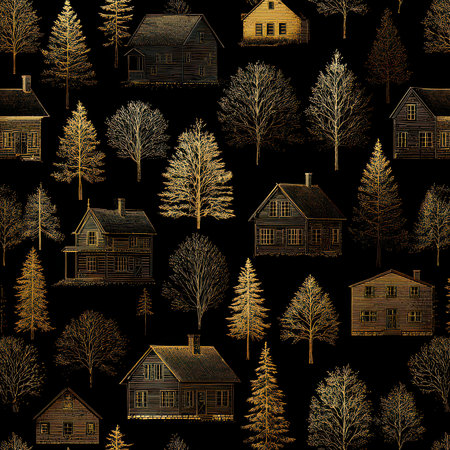 This cozy rustic pattern features charming houses and trees set against a dark background, perfect for seasonal decor or unique textile designs.の素材