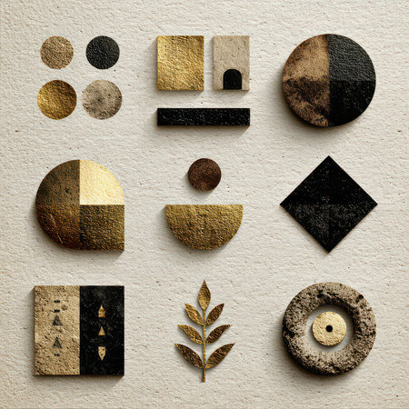 A captivating arrangement of geometric shapes and textures in black and gold, perfect for modern design projects, artwork, or decor inspiration.の素材