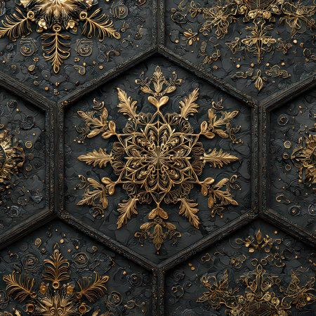 This striking geometric design features intricate floral patterns in gold and black, showcasing elegance and luxury in a unique decorative art style.の素材