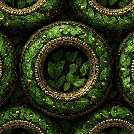 Beautifully crafted round frames adorned with lush green leaves and intricate gold detailing. Ideal for nature-themed merchandising, art, or decor.の素材