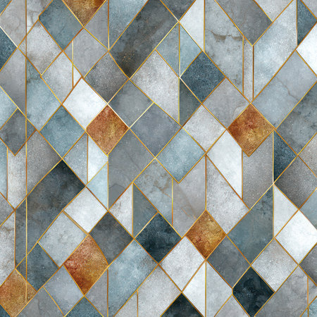 This vibrant geometric tile pattern features shades of gray, blue, and gold accents, perfect for modern interiors and decorative projects, showcasing elegance and style.の素材