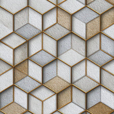 This image features a detailed hexagonal pattern in beige and gray tones, enhanced with golden accents, perfect for modern design and decor concepts.の素材