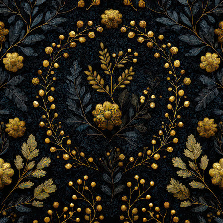 A captivating floral design featuring golden elements on a rich dark background, perfect for various artistic and decorative applications, showcasing elegance and intricacy.の素材