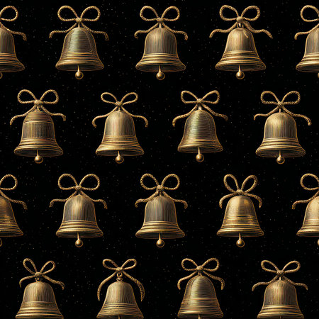 This beautiful pattern features golden Christmas bells against a dark starry background, creating a festive and elegant atmosphere for holiday decor.の素材