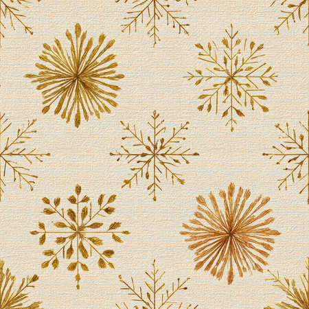 A charming pattern featuring decorative gold snowflakes on a soft beige background, ideal for winter-themed designs or festive celebrations. Perfect for wallpapers, textiles, or holiday art projects.の素材