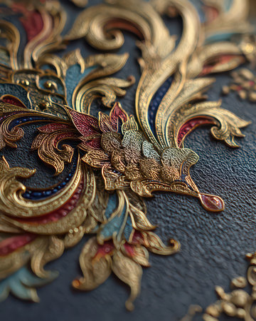 Close-up view of an intricate gold and colorful floral design against a dark background, showcasing remarkable craftsmanship and artistic details, perfect for various creative projects.の素材