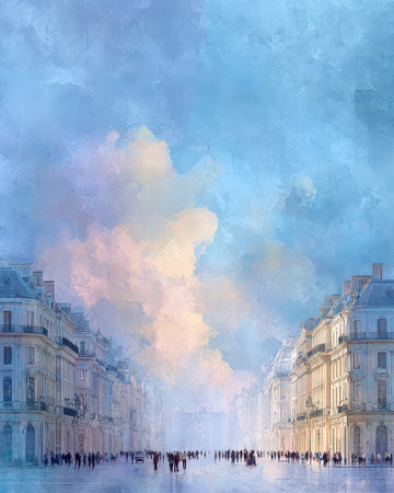 A tranquil cityscape featuring elegant buildings under a soft, pastel sky. The street reflects warm hues, creating a serene atmosphere filled with people.の素材