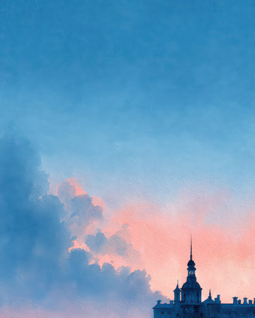 A stunning skyline featuring a beautiful tower against a backdrop of vibrant clouds at sunset. This artwork captures the serene ambiance of the evening sky.の素材