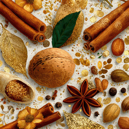 Discover a visually rich arrangement of assorted natural ingredients featuring gold accents. Ideal for culinary use, decoration, or seasonal themes.の素材