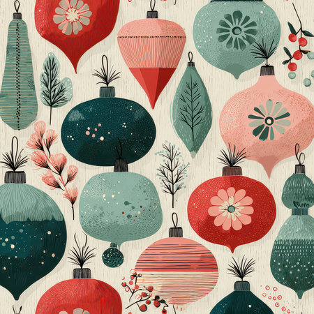 This vibrant illustration showcases an array of colorful Christmas ornaments set against a textured background, perfect for holiday-themed projects.の素材