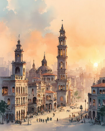 A stunning cityscape at sunset showcasing beautiful historic buildings. People stroll through the vibrant streets, capturing a warm, serene atmosphere.の素材