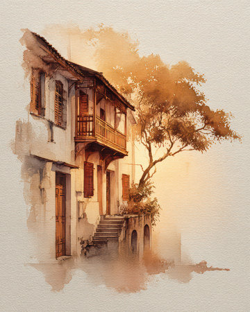 A beautiful watercolor illustration showcasing a vintage house adorned with a balcony and surrounded by a tree. The warm tones create a serene atmosphere, perfect for wall art or decor.の素材