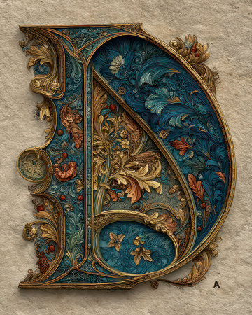 An intricate and ornate letter D, embellished with stunning floral designs and rich colors. Ideal for artistic projects, home decor, and typography enthusiasts.の素材