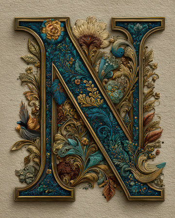 This stunning artwork features the letter N intricately designed with colorful floral elements and detailed textures, perfect for adding elegance to any space.の素材