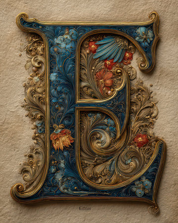 An exquisite and ornate letter E featuring intricate floral designs and vibrant colors. Perfect for artistic projects, branding, or luxury designs.の素材