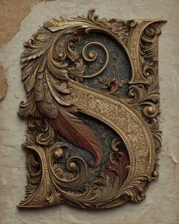 A beautifully crafted ornate letter S showcasing intricate detailing and vintage design elements. This artistic piece blends elegance and craftsmanship, perfect for decor.の素材