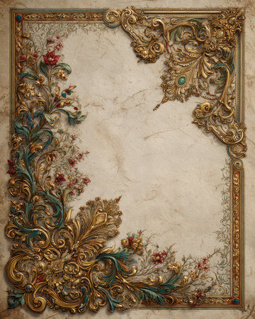 This stunning ornate floral frame design features intricate gold detailing and vibrant colors, perfect for showcasing artwork or photography in an elegant way.の素材