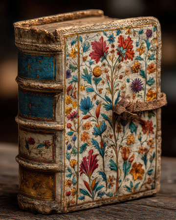 An exquisite vintage book featuring a colorful floral design on its cover. The intricate details and leather strap add a touch of antique charm, perfect for literary enthusiasts.の素材