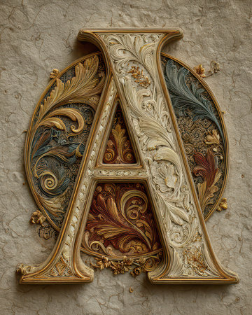 Explore the artistic beauty of an ornate letter A surrounded by intricate floral designs, showcasing elegance and classic craftsmanship in detailed decoration.の素材
