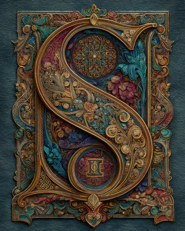 This stunning vintage letter S features intricate floral patterns and ornamental details, showcasing a blend of artistry, elegance, and vibrant colors perfect for decorative use.の素材