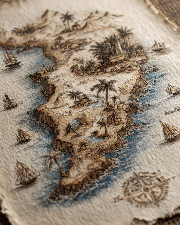 This vintage treasure map illustration features detailed artwork of islands, palm trees, and ships, showcasing adventure and exploration in a beautiful, nostalgic style.の素材