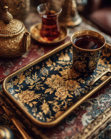 A beautiful traditional tea service on an intricate golden floral tray, featuring a delicate cup filled with rich tea. Perfect for capturing cozy moments.の素材