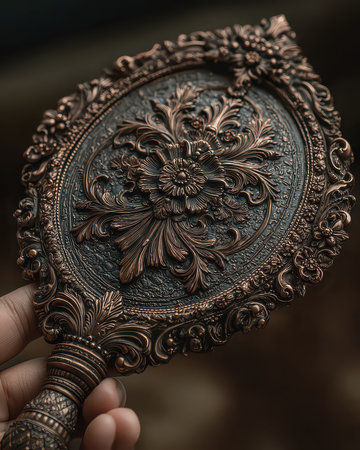 This ornate vintage hand mirror features intricate floral detailing and a luxurious bronze finish. Ideal for decor, photography, or collection.の素材