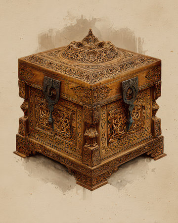 This stunning wooden box features intricate carvings and ornate details. Perfect for showcasing craftsmanship, it adds elegance to any interior space.の素材